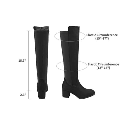 Black knee-high boots with elastic circumference measurements.