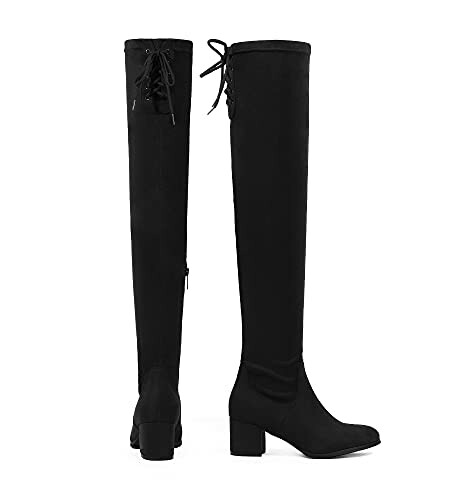 Black knee-high boots with block heels and back laces