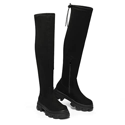 Black knee-high platform boots with chunky soles.