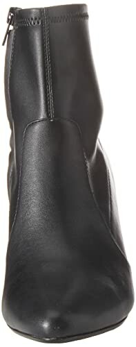 Front view of a black leather ankle boot with a zipper