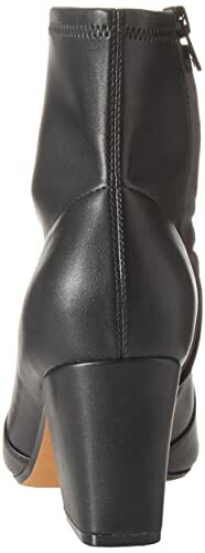 Back view of a black leather ankle boot with a block heel.