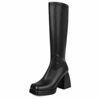 Black knee-high leather boots with block heel