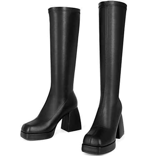 Black platform knee-high boots with block heels.