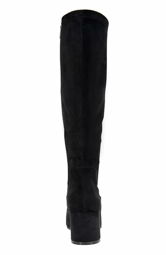 Back view of a black suede knee-high boot with block heel