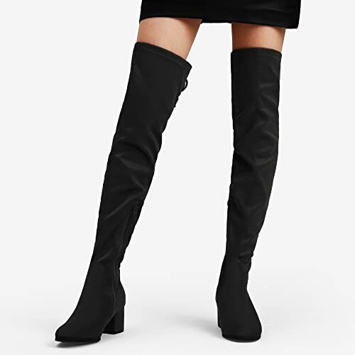 Black thigh-high boots with block heels