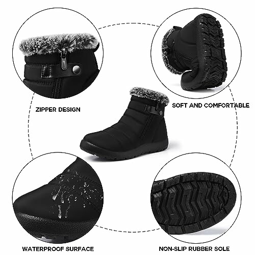 Black winter boots with zipper, waterproof surface, soft interior, and non-slip rubber sole.