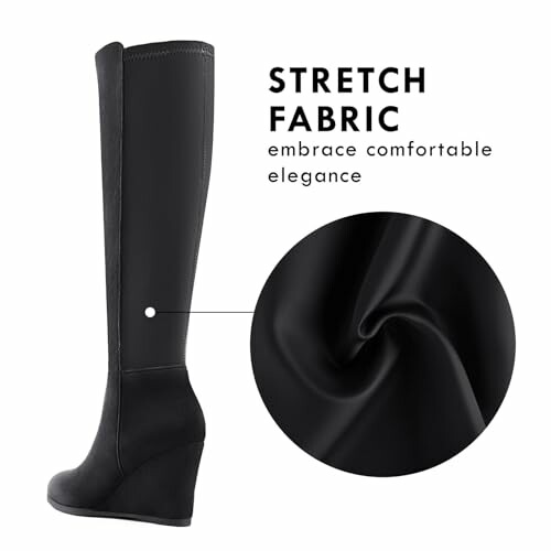 Black wedge-heeled boot with stretch fabric detail.